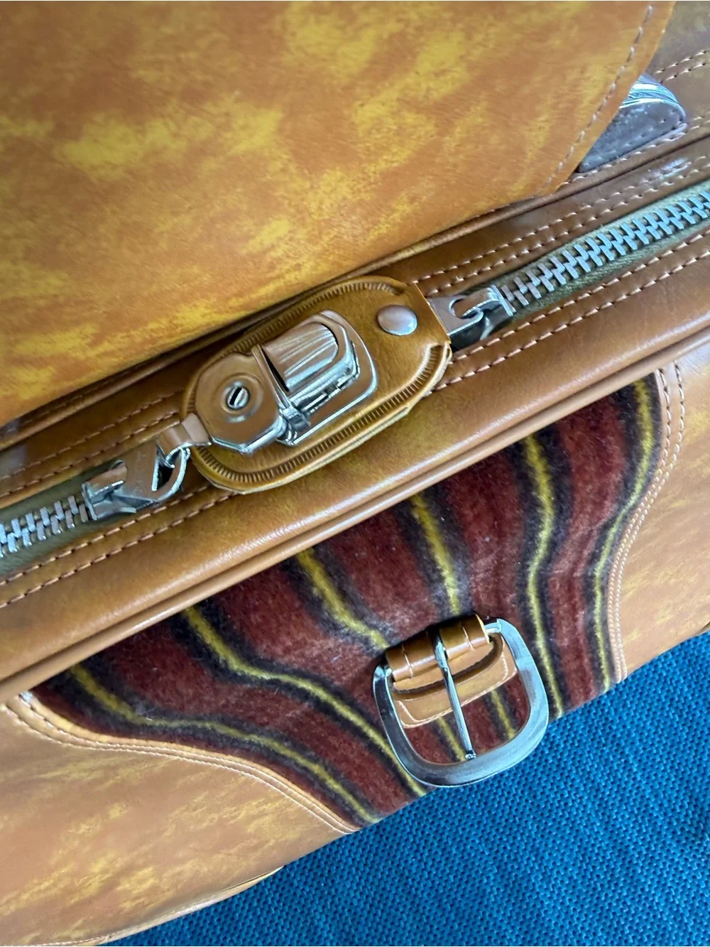 Vintage Men's Travel Suitcase Luggage in Cognac Brown Carpet Panel Accent